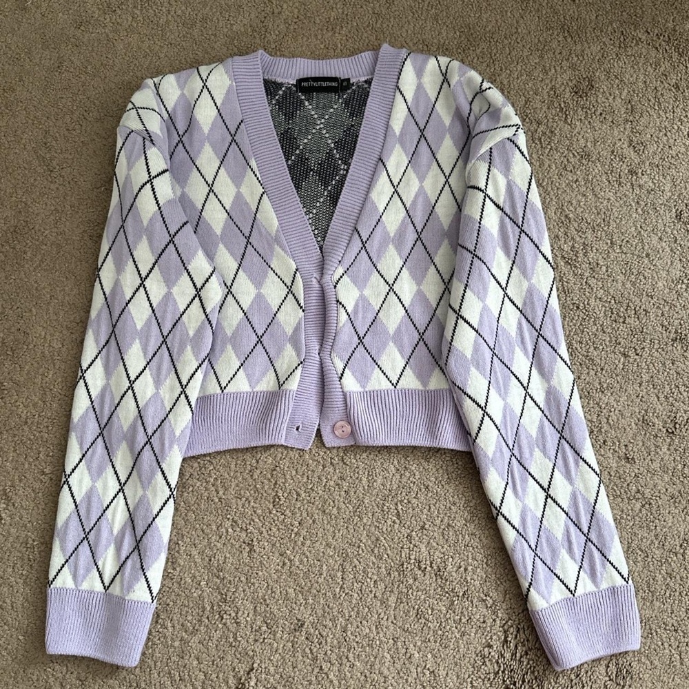 short lilac gingham sweater